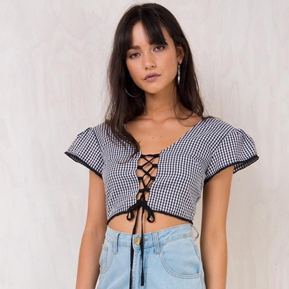 NWT I.AM.GIA Gingham Bardot Crop Top sz XS